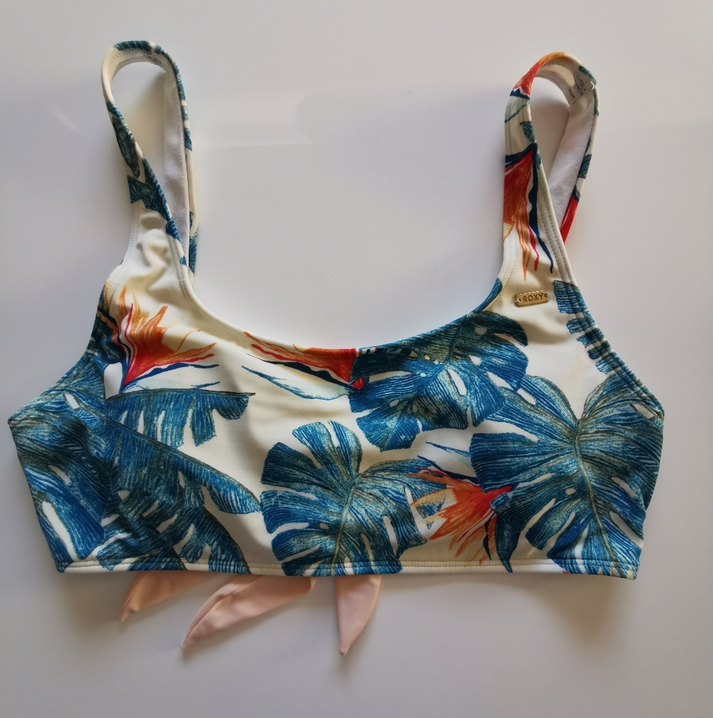 Roxy Pink Tie Back Adjustable Tropical Print Bikini Top Cream Blue Orange